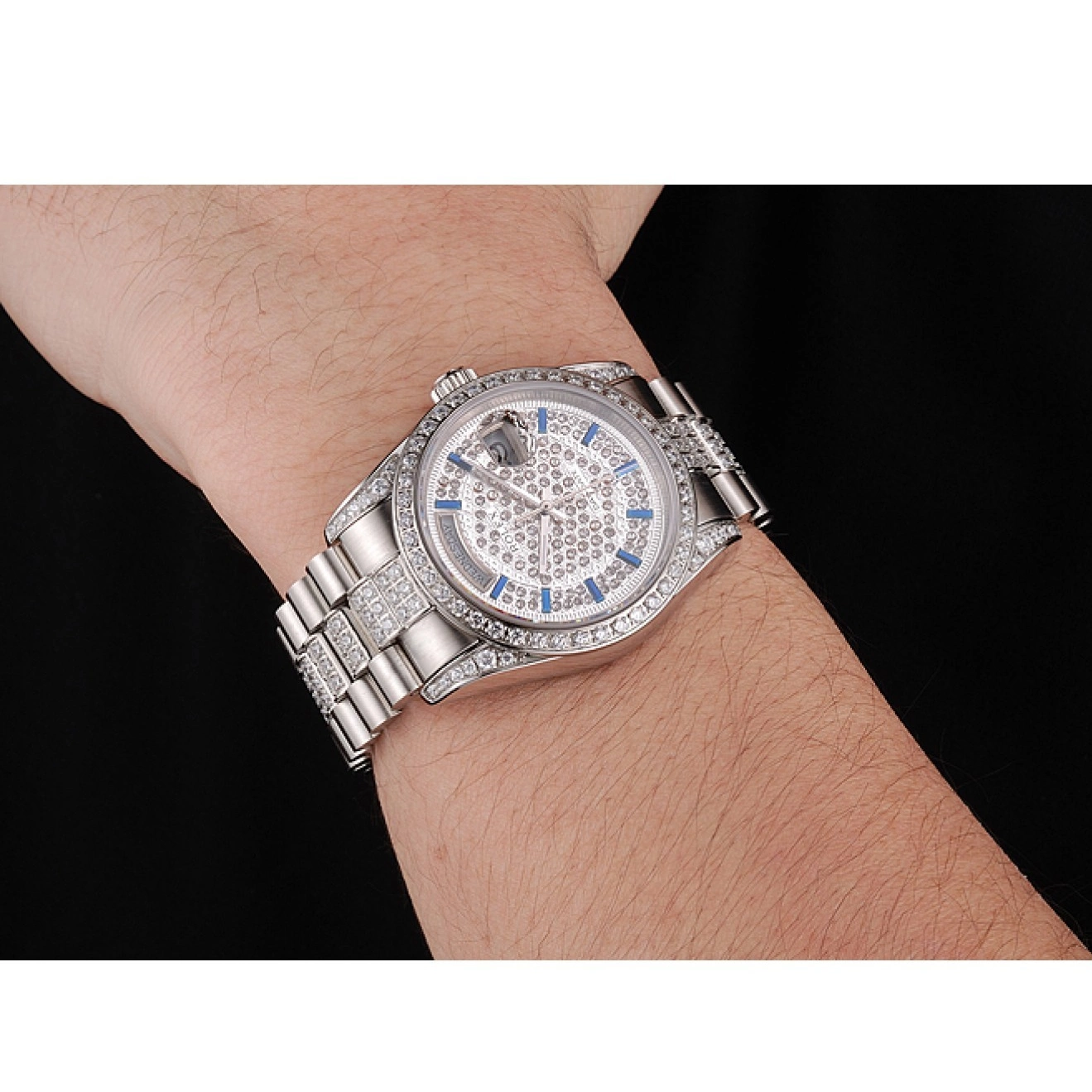 MiroTime 0712 Swiss Rolex Day Date Diamond Pave Dial And Bezel And Stainless Steel Bracelet